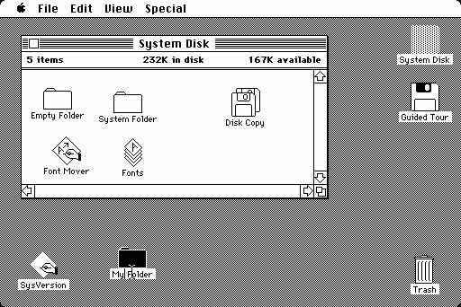 The early Macintosh desktop metaphor: Icons scattered on the desktop depict documents and functions, which can be selected and accessed (as System Disk in the example)