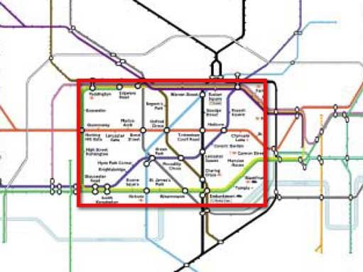 A bifocal representation of the London Underground map, showing the central area in full detail, while retaining the context of the entire network. It is important to note the continuity of the lines 
