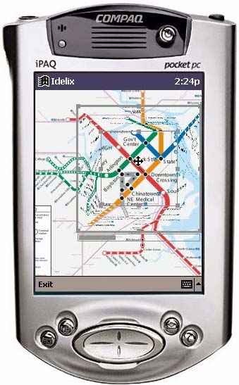 Distorted map on a PDA, showing the continuity of transportation links