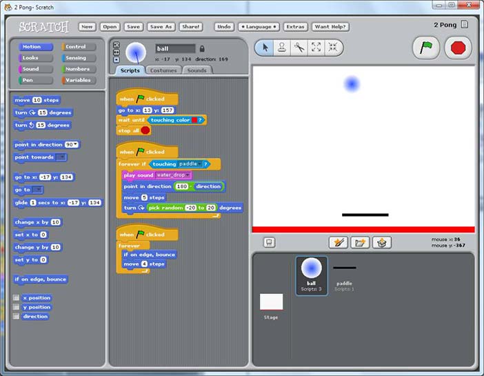 Visual interface for editing the three scripts for the ball in a 'pong' game animation. The programmer lays out sprites on the right; clicking a sprite brings up its scripts for editing in t