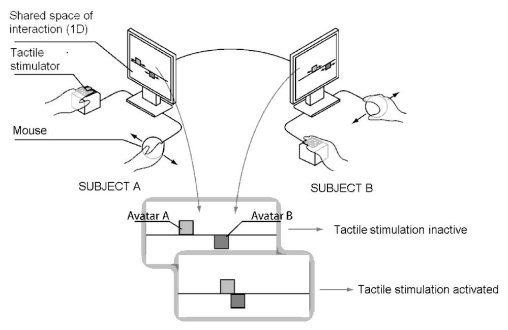  The one-dimensional space of perceptual interaction: with a computer mouse, each subject moves a receptor field on a line in a shared digital space. When the two receptor fields encounter each other,