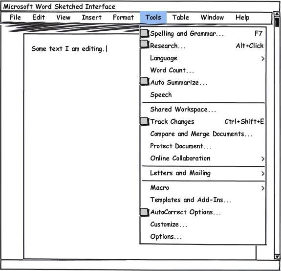 A sketched version of Microsoft’s Word interface unfolding the Tools menu
