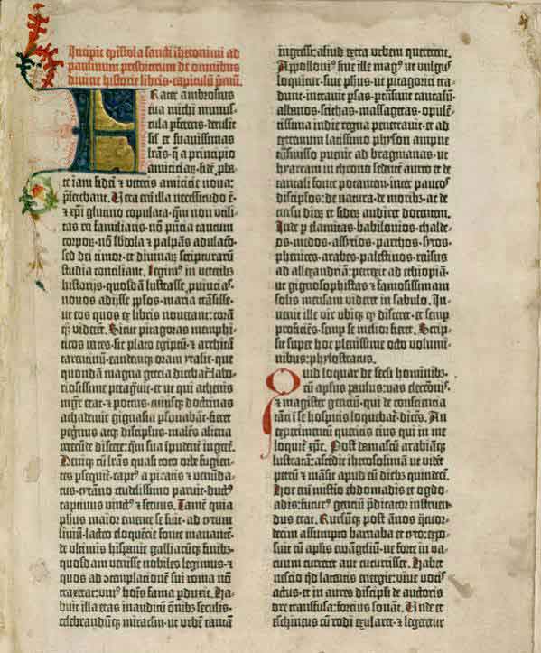 Tabular layout of the first page of the Gutenberg Bible: Volume 1, Old Testament, Epistle of St. Jerome. The Gutenberg Bible was printed by Johannes Gutenberg, in Mainz, Germany in the 1450s