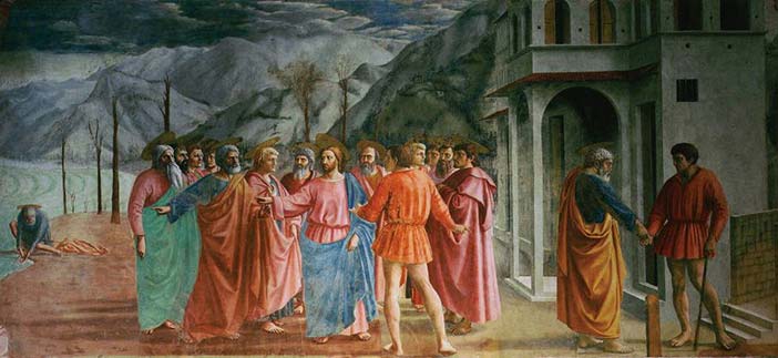Masaccio's mature work The Tribute Money, demonstrating linear perspective