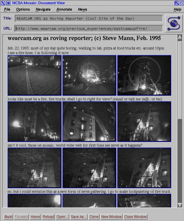 Screenshot from Steve Mann’s Wearable Wireless Webcam experiment from 1994-1996. Real-time webcast of everyday life resulted in the serendipitous capture of a newsworthy incident. Interestin