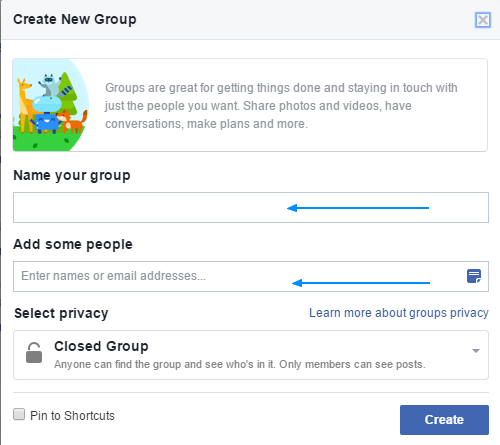 Facebook: Create new group wizard