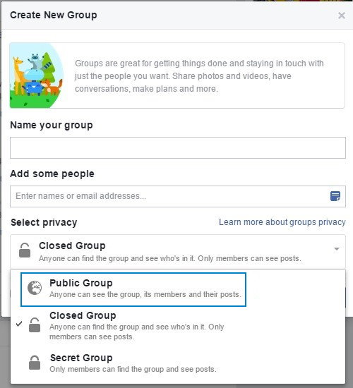Create new group wizard on Facebook: Privacy section