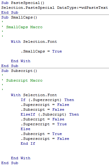 Using a code editor to create three Microsoft Word text-manipulation macros that are linked (through a separate screen) to keyboard shortcuts; for example, the first macro has a single instruction ind