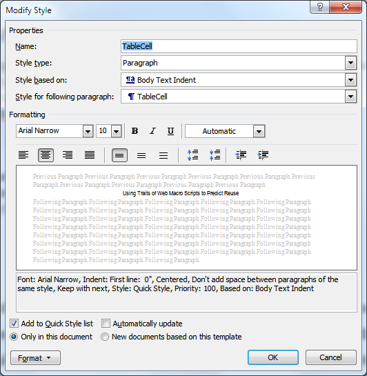 User interface in Microsoft Word for creating a style, which is a set of formatting instructions that will be applied to multiple labeled regions in the document