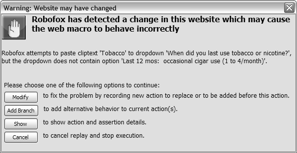 Popup window asking user to indicate whether and how a Robofox web macro should be modified due to a violated assertion